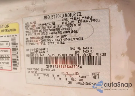 2005 Ford Freestar Ses from USA, damaged, VIN 2FMZA576X5BA82056